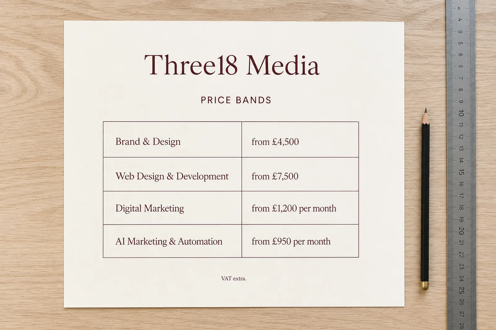 Printed Three18 Media price-band sheet showing brand, web, marketing and AI entry points