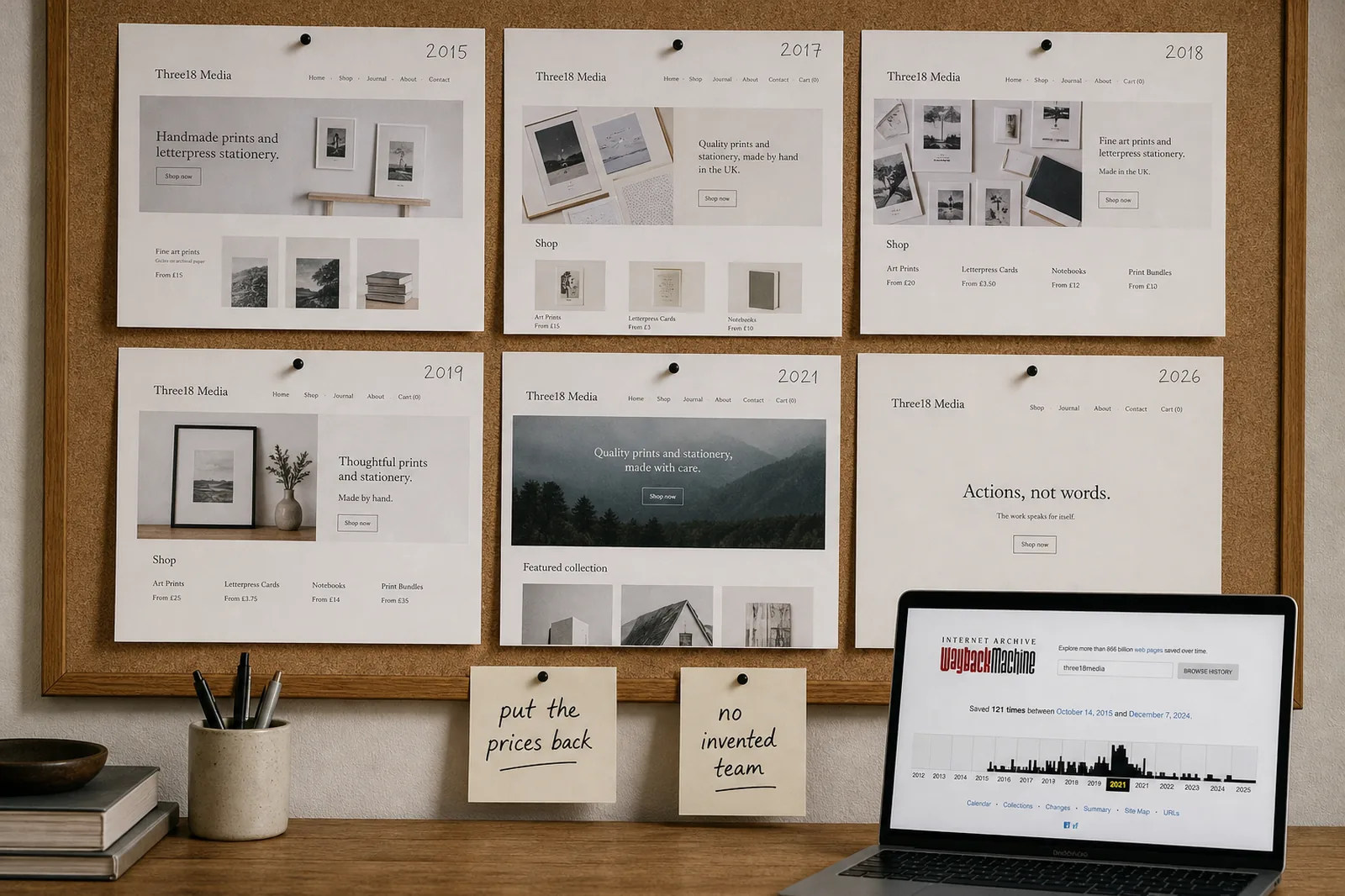 Printed Three18 Media homepages from 2015 to 2026 pinned on a cork board, with a laptop open on the Internet Archive