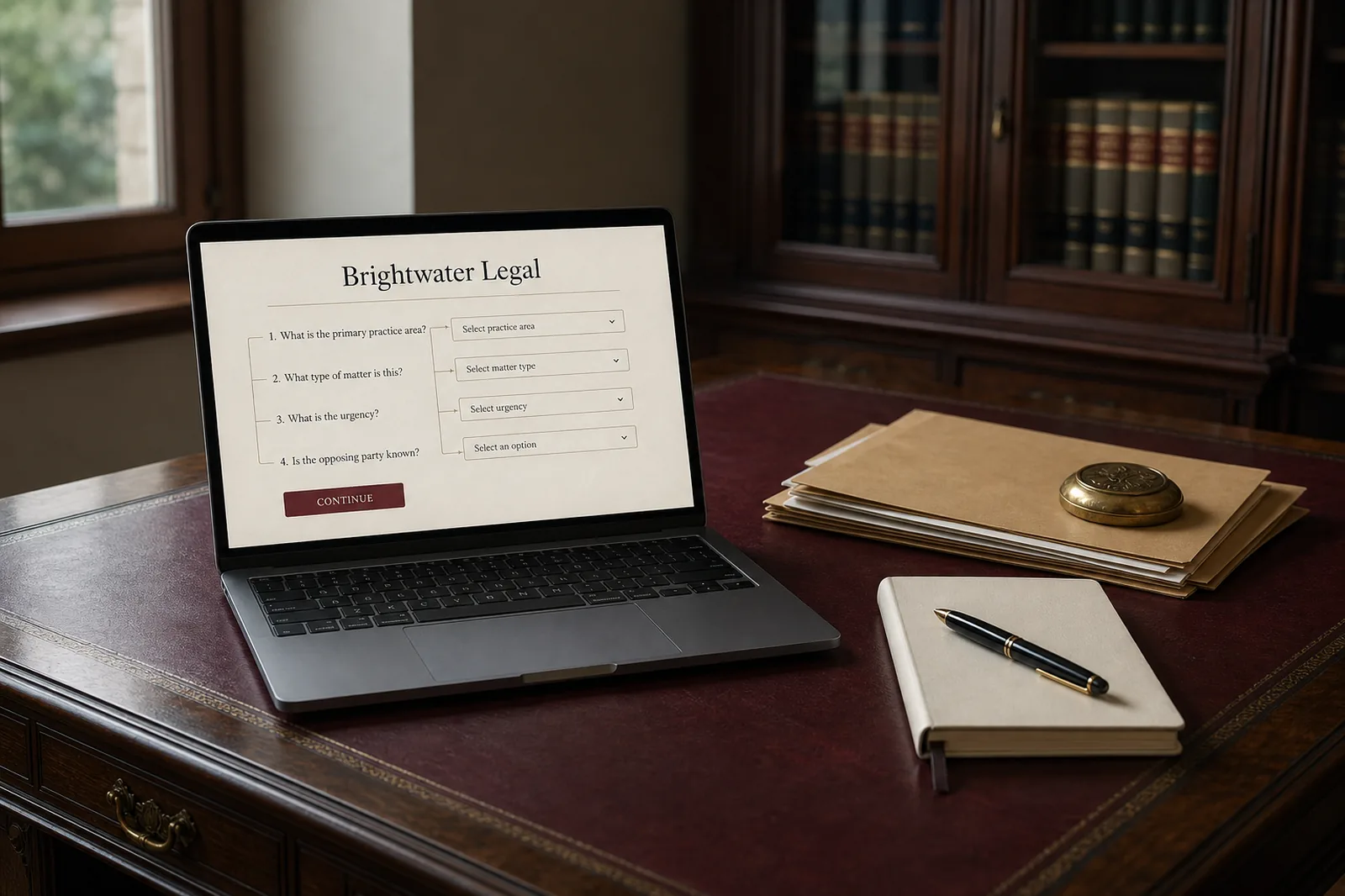 Laptop on a legal desk showing the Brightwater Legal branching enquiry form
