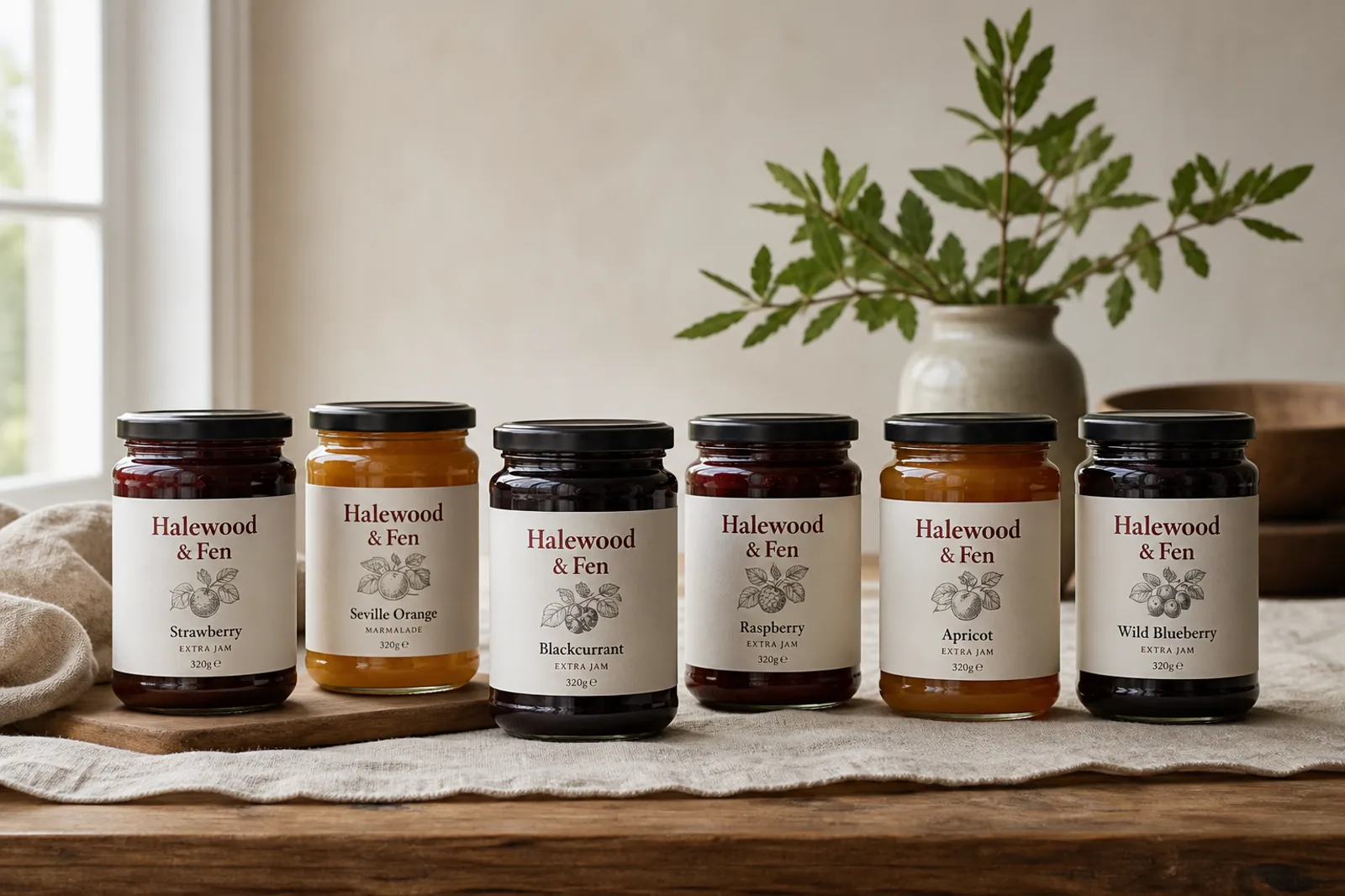 Six Halewood and Fen preserve jars with cream paper labels in a row