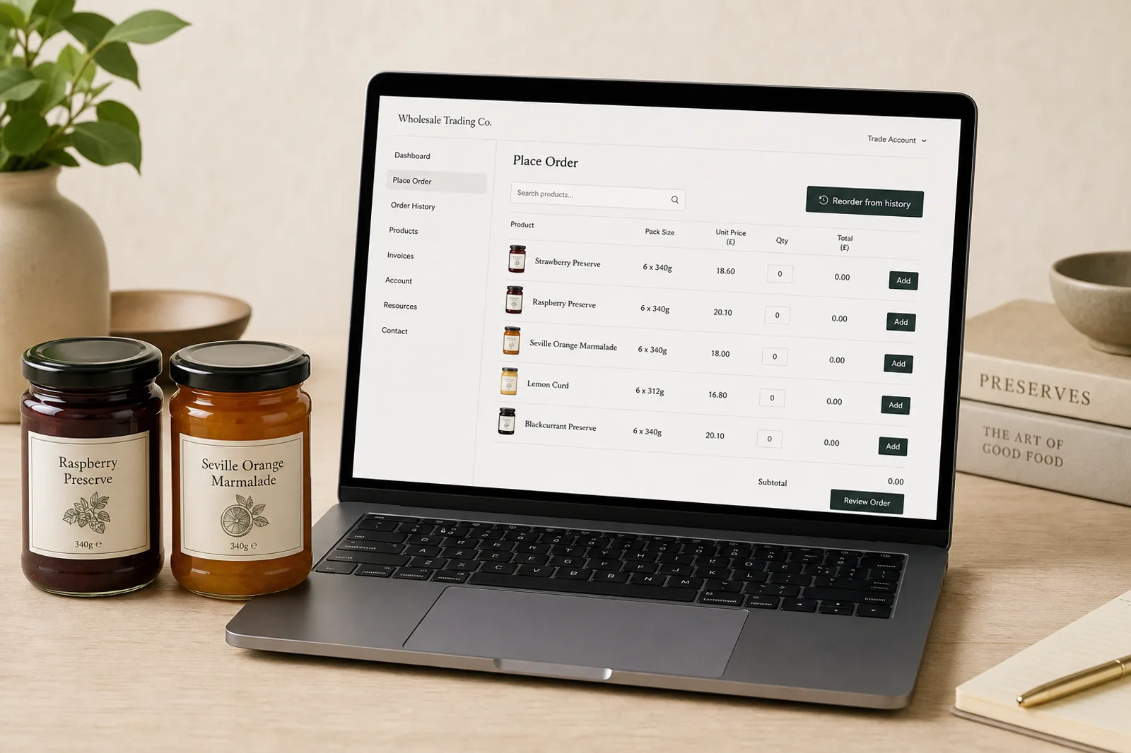 Laptop on a desk showing a wholesale reorder screen, with two preserve jars in front