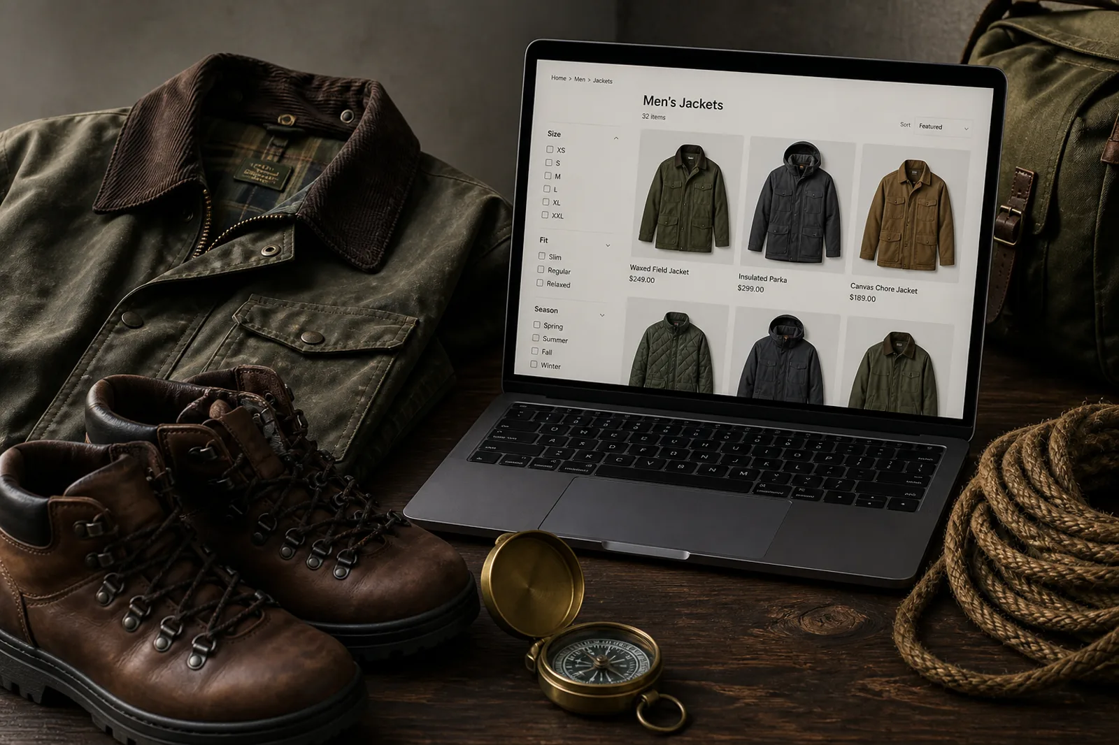 Outdoor kit beside a laptop showing jacket category filters for size, fit and season