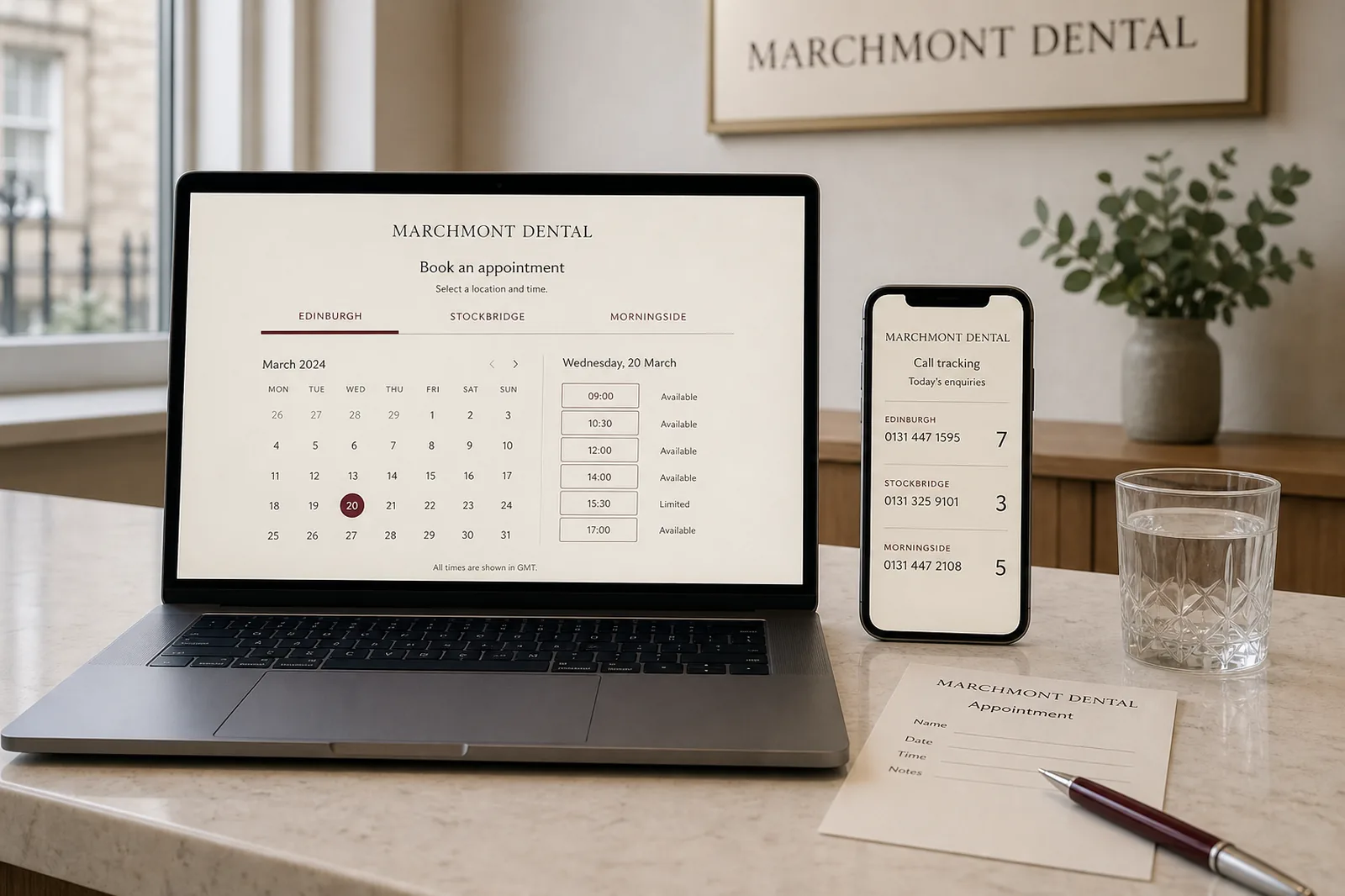 Laptop showing Marchmont Dental booking and a phone showing call tracking for three practices