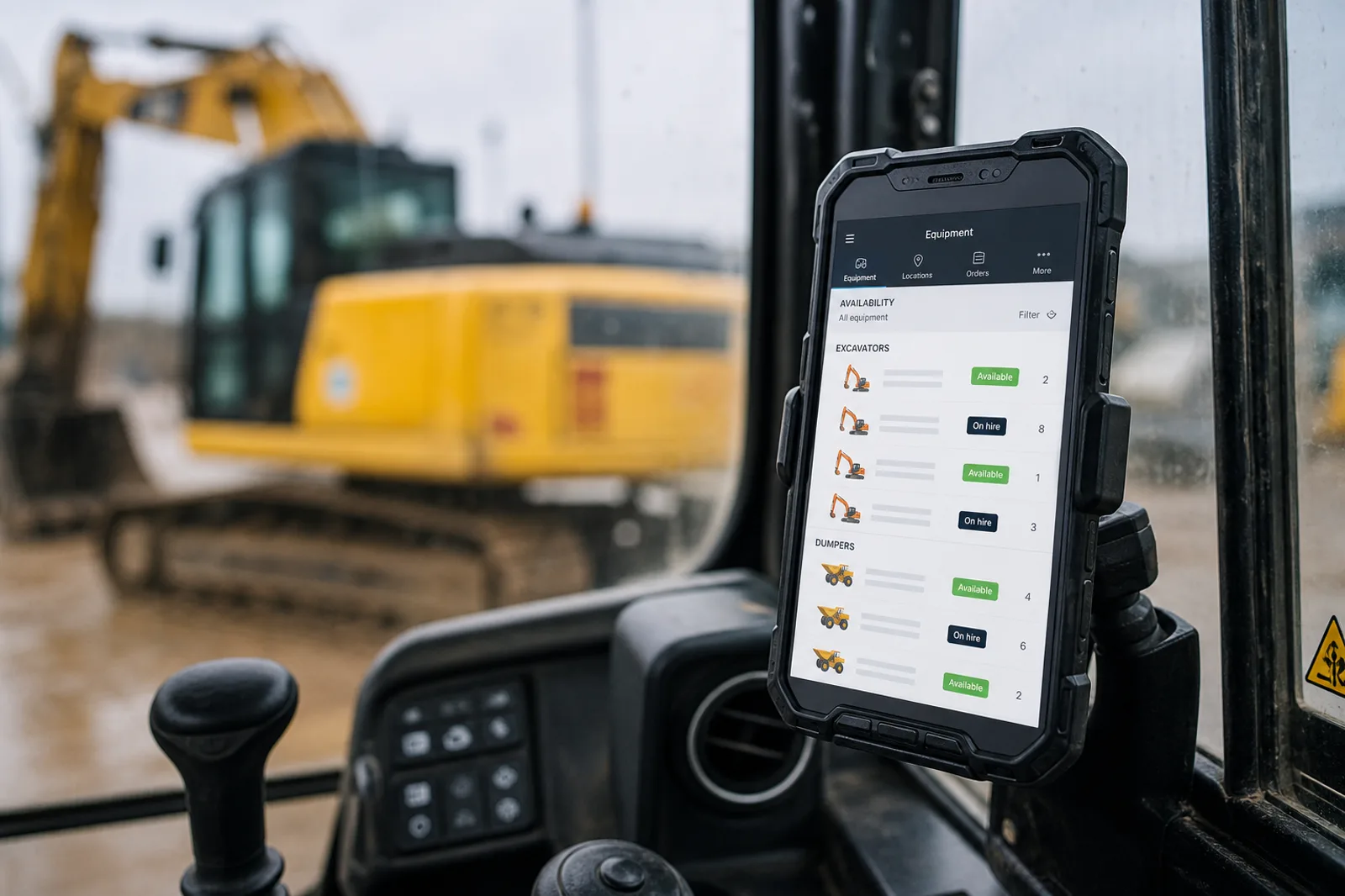 Smartphone showing live excavator availability against a yellow machine outside