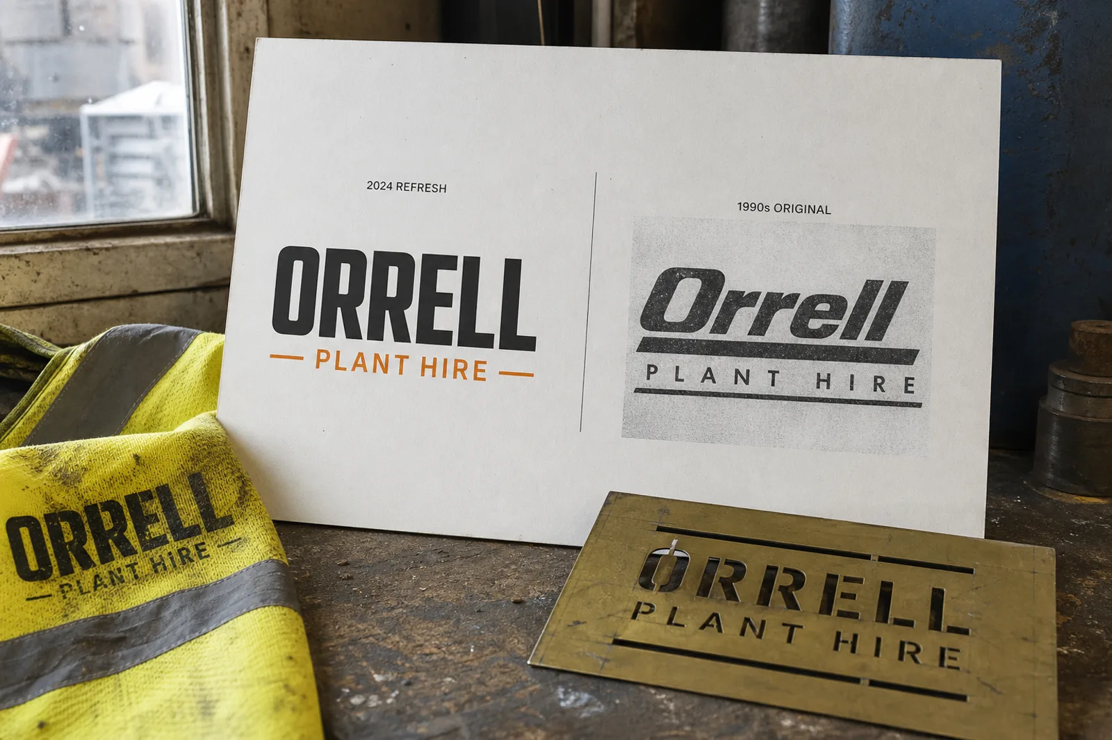 Printed Orrell plant-hire wordmark beside a faded 1994 original on a workshop bench