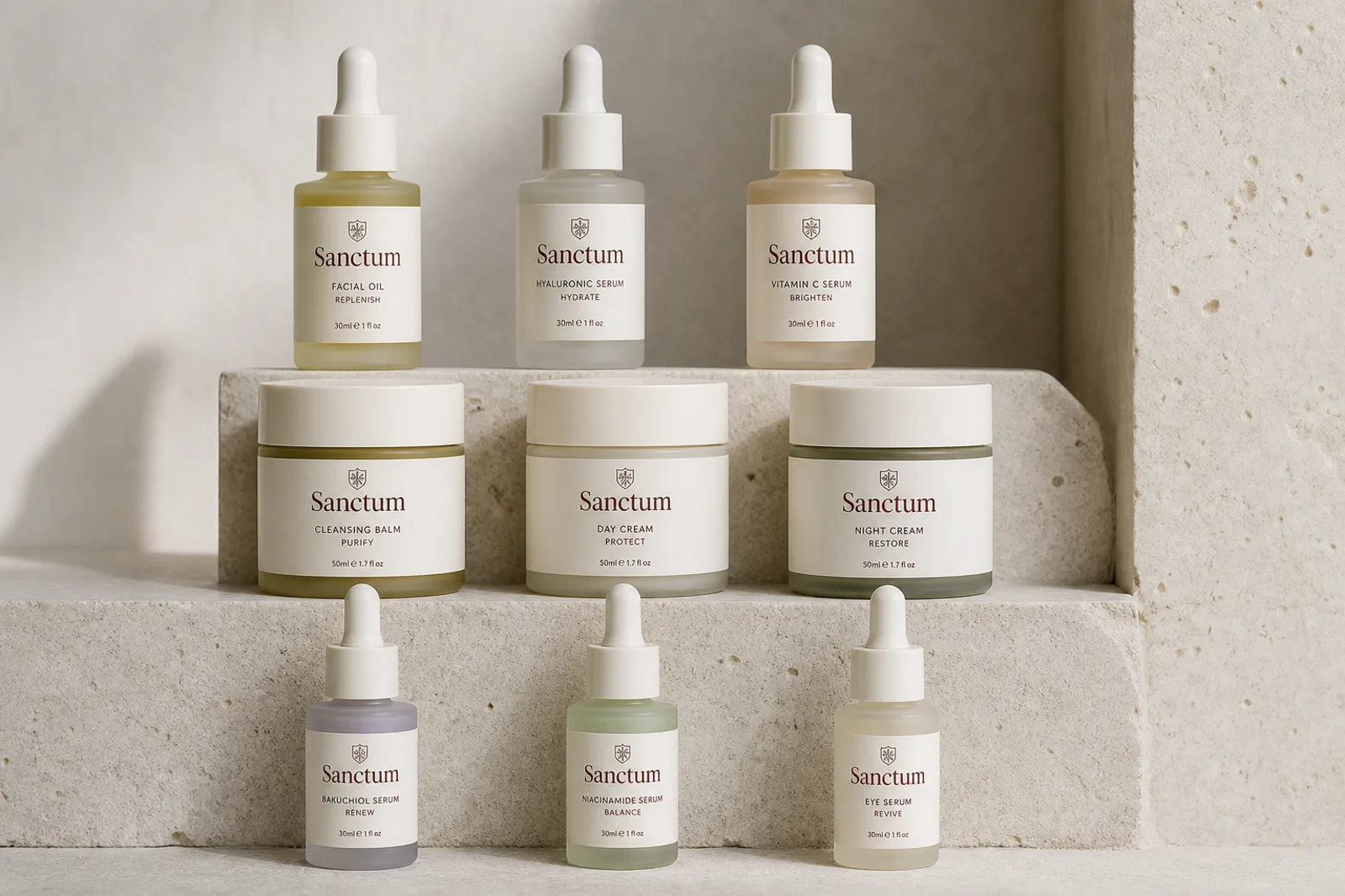 Nine Sanctum skincare bottles and jars in a unified labelling system