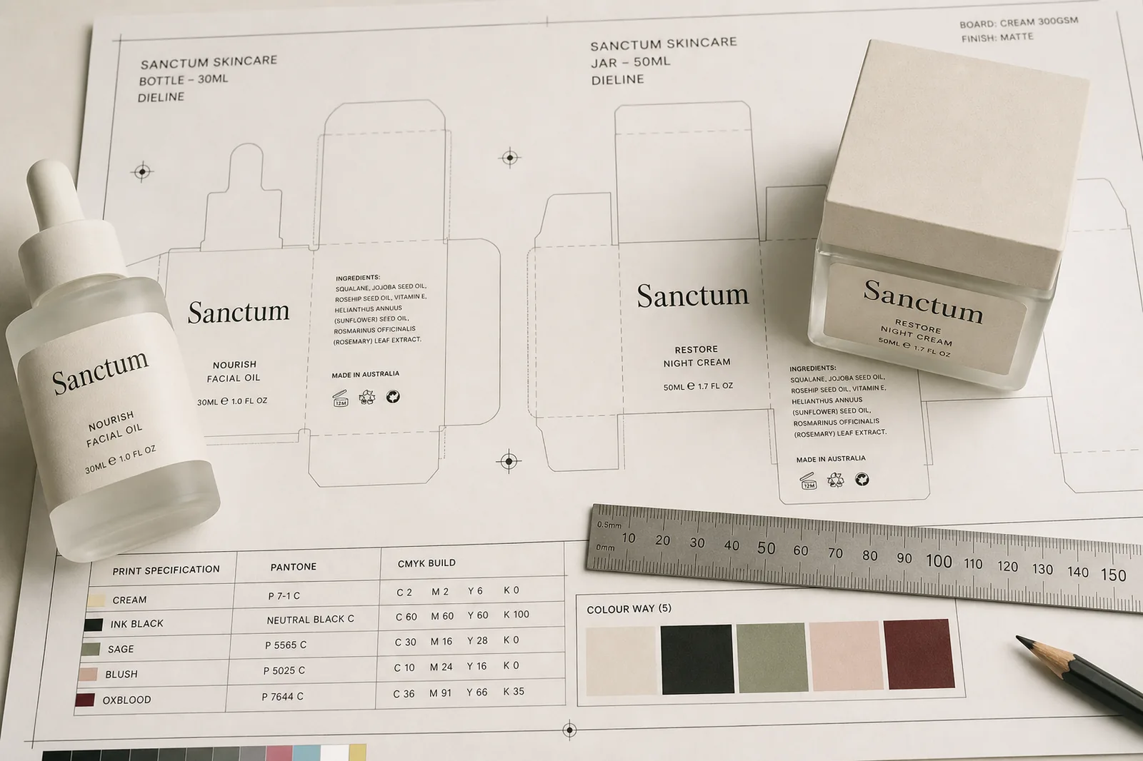 Sanctum dielines, colour chips and two labelled packs on a printer specification sheet